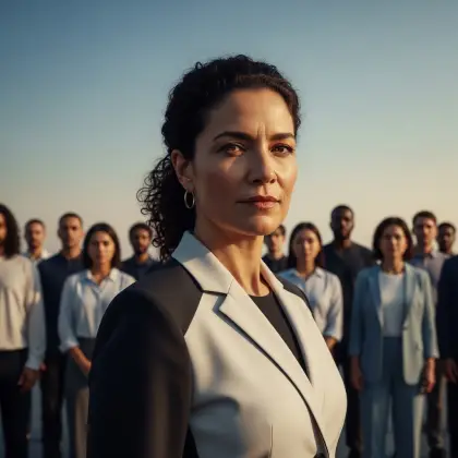 A diverse group of business professionals, including many women in leadership roles, poses confidently for a photo.